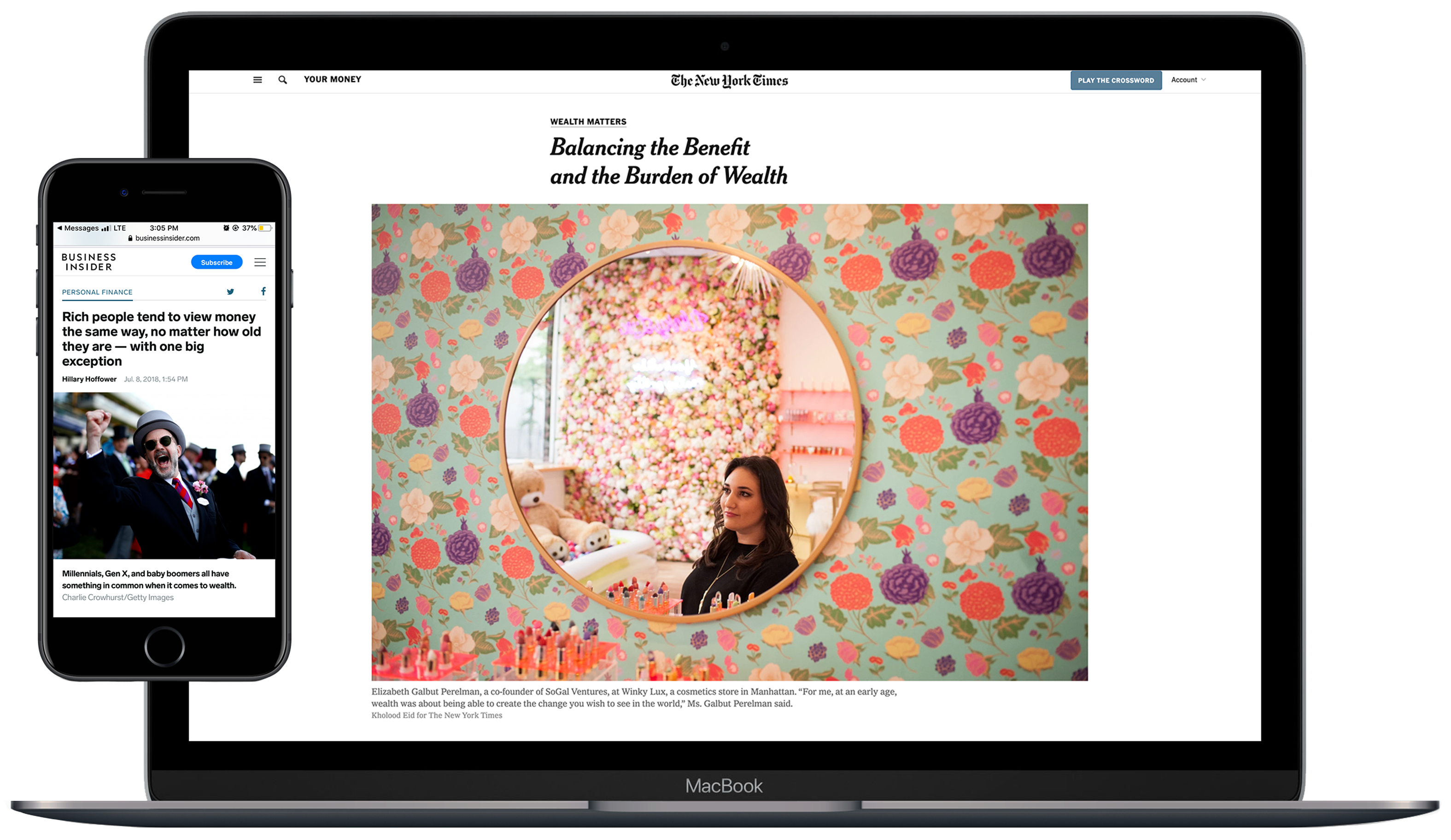A website mockup on a MacBook and mobile device, showing coverage for Boston Private in both the NY Times and Business Insider.