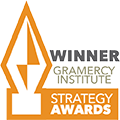 Graphic for the Gramercy Institute Strategy awards winner, in white and orange, with black text.