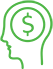 Green line-work icon showing the silhouette of a human head with a dollar sign within a circle.