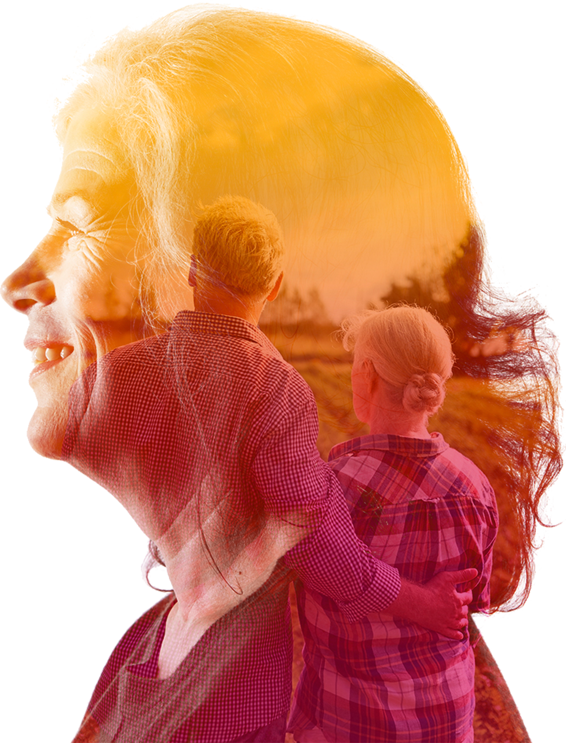 A profile of an older woman with a warm color filter in yellow to deep pink, with an image of a couple shown from a back view, double-exposed onto the original profile image.