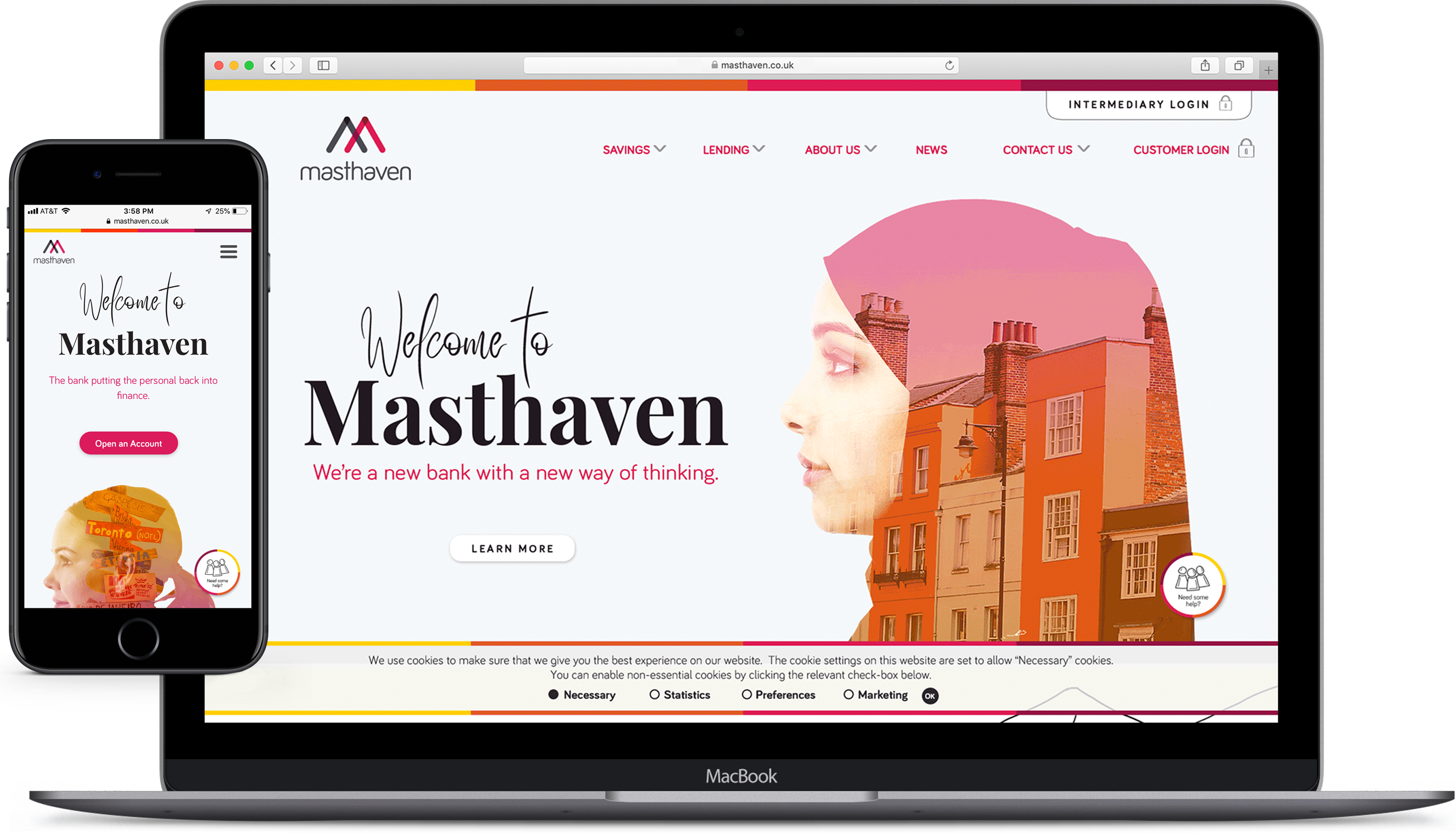 A website mockup of the Masthaven rebranding, shown on a MacBook and mobile device.