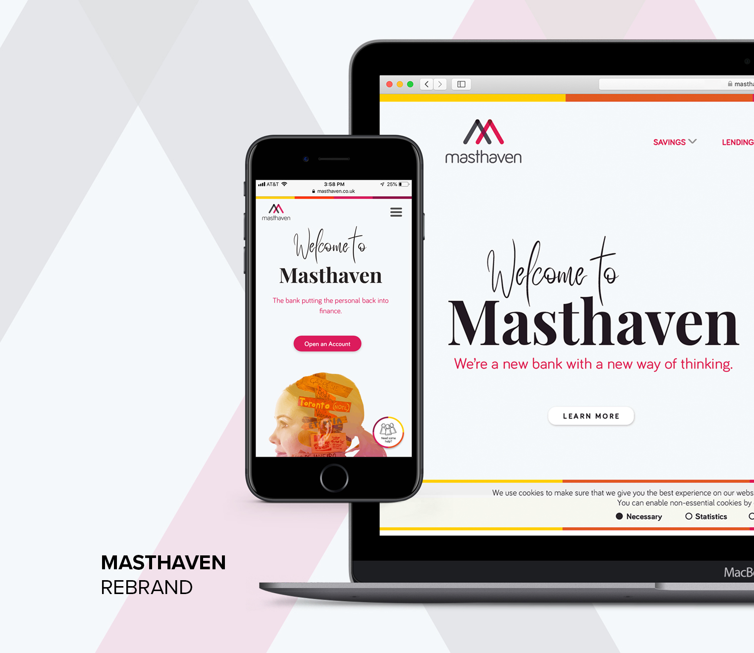 A website mockup of the Masthaven rebranding, shown on a MacBook and mobile device.