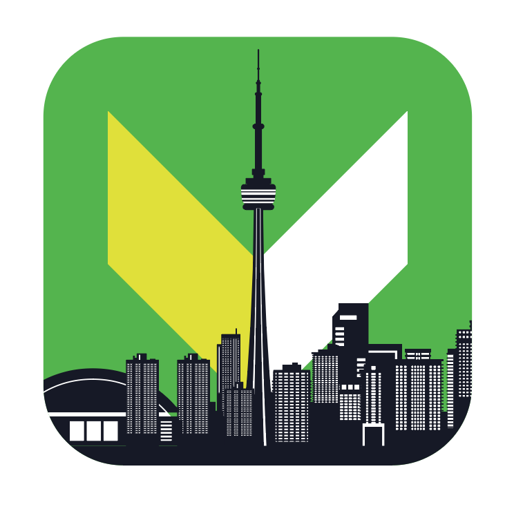 Logo for Vested Toronto office showing a skyline in black, over the Vested logo in green, yellow and white.