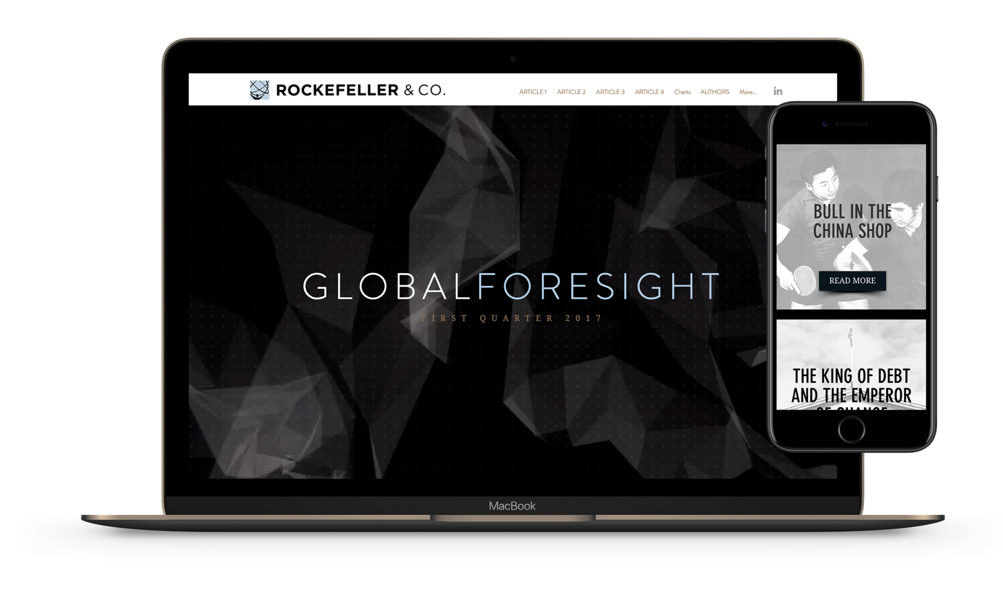 A mockup of the Rockefeller & Co website, shown on a MacBook and mobile device.