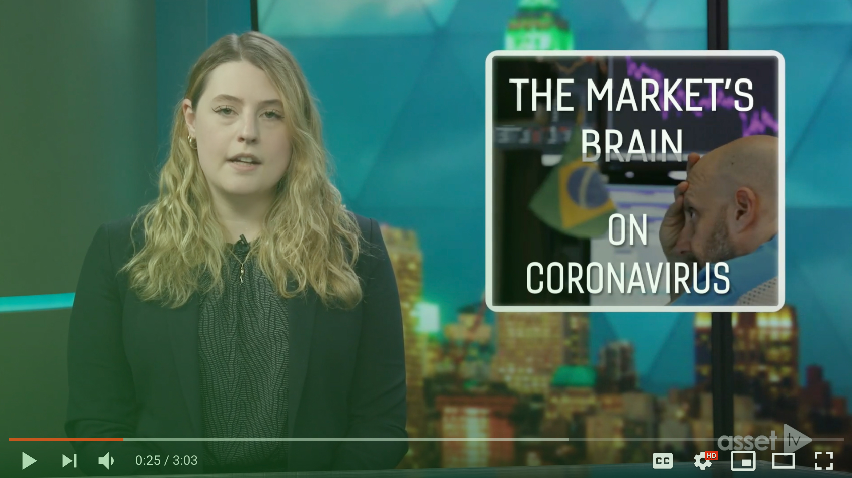 Vested Team member on a media show, with a graphic "The Market's Brain on Coronavirus".