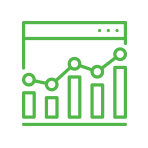 Graphic icon in green line-work showing a bar graph table with an upwards trajectory.