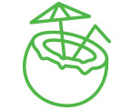 Graphic icon in green line-work depicting a tropical cocktail in a coconut shell with a drink umbrella and a straw.