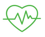 Graphic icon in green line-work depicting a heart symbol with the visual representation of a heartbeat imposed over the top.