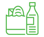 Graphic in green line-work depicting a bottled beverage and bag with a loaf of bread.
