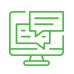 Graphic icon in green line-work depicting communication and collaboration on a desktop computer screen.