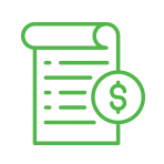 Graphic icon in green line-work depicting an invoice with a dollar sign over it.