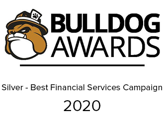 Graphic for the 2020 Bulldog Awards, silver for Best Financial Services Campaign.