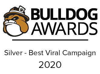 Graphic for the 2020 Bulldog Awards, silver for Best Viral Campaign, showing a brown and black drawn Bulldog.