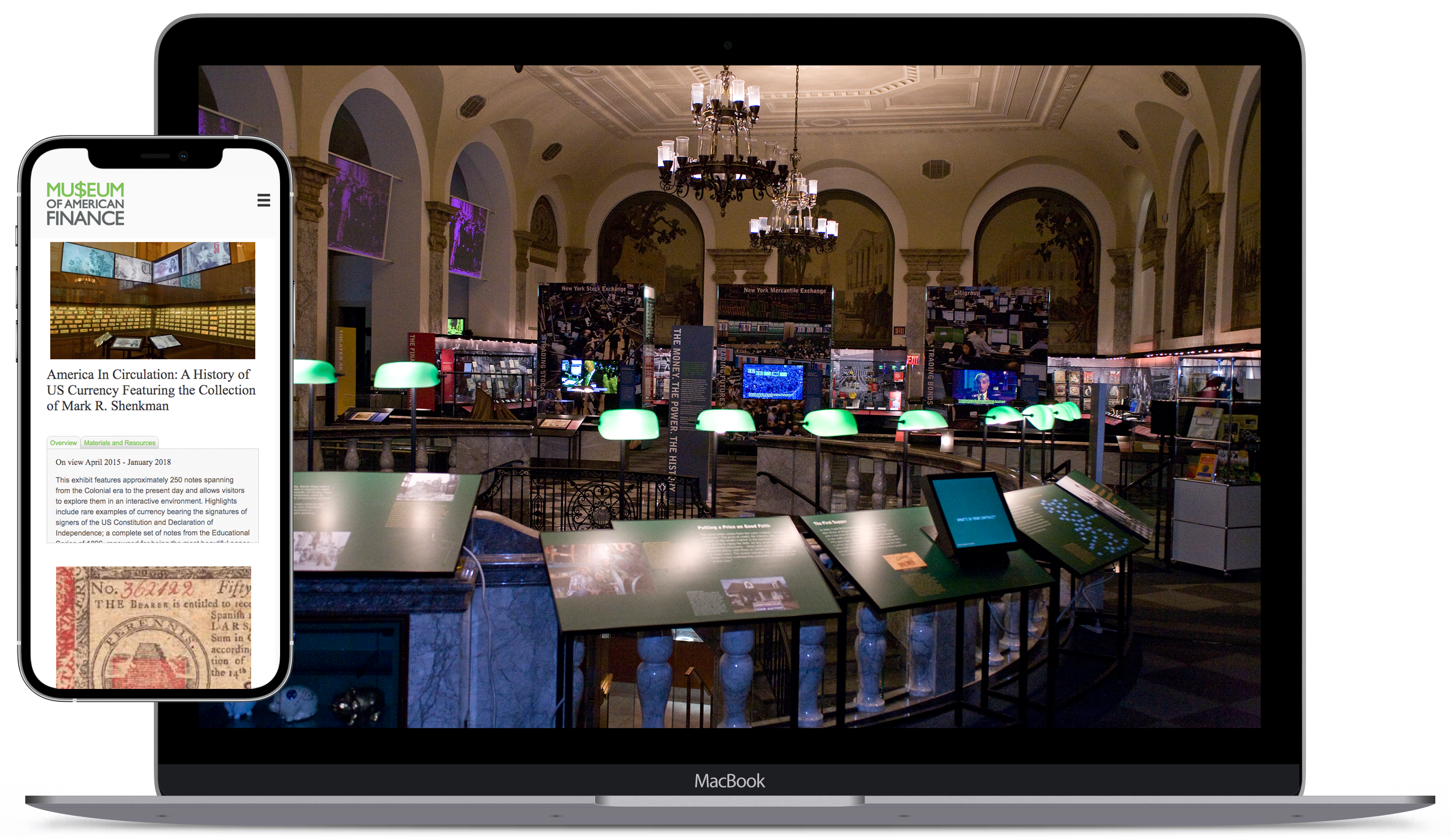 Mockups of the Museum of American Finance coverage shown on a MacBook and mobile device.