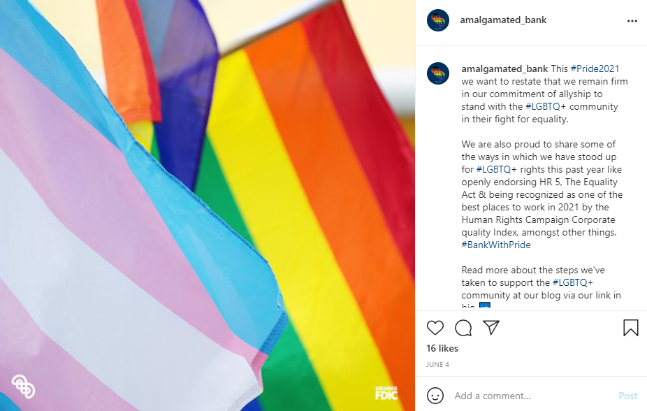 Amalgamated Bank social media post in support of Pride 2021.