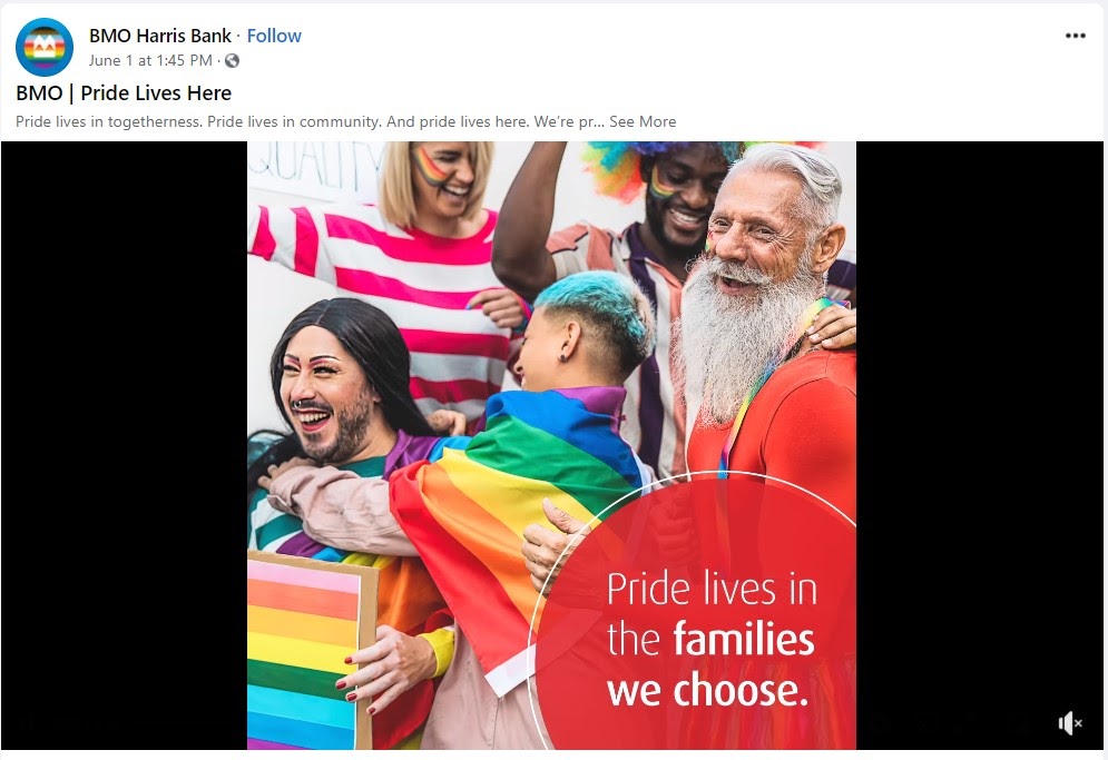 BMO Harris Bank social media post supporting pride.
