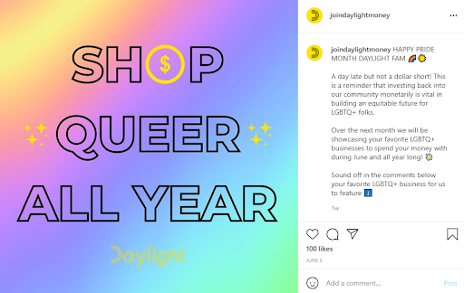 Daylight bank social media post supporting pride and the LGBTQ+ community.