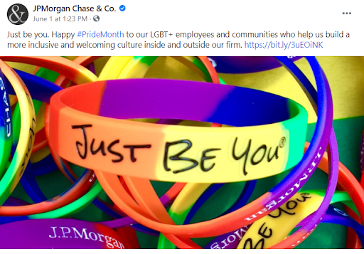 JP Morgan Chase social media post celebrating pride month.