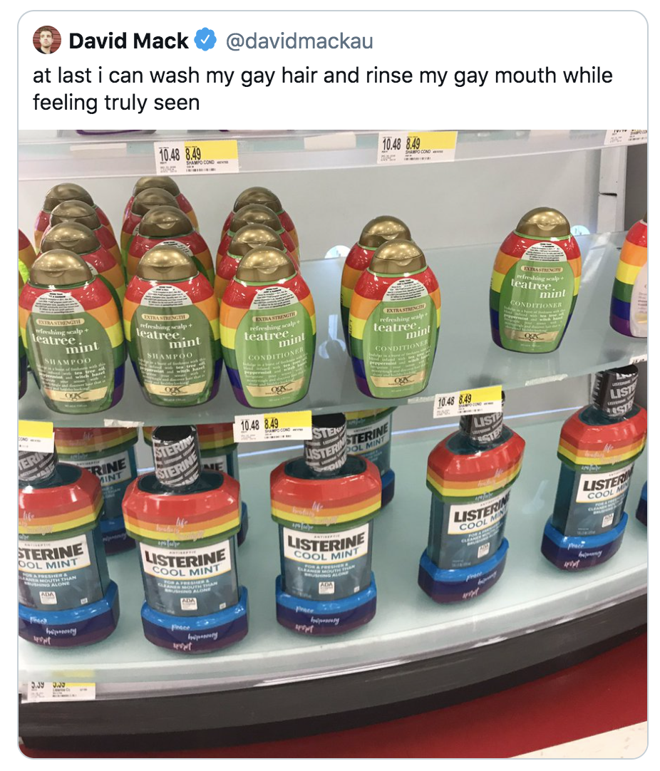 Social Media post showing examples of how brands incorporate the rainbow flag in packaging during Pride Month.