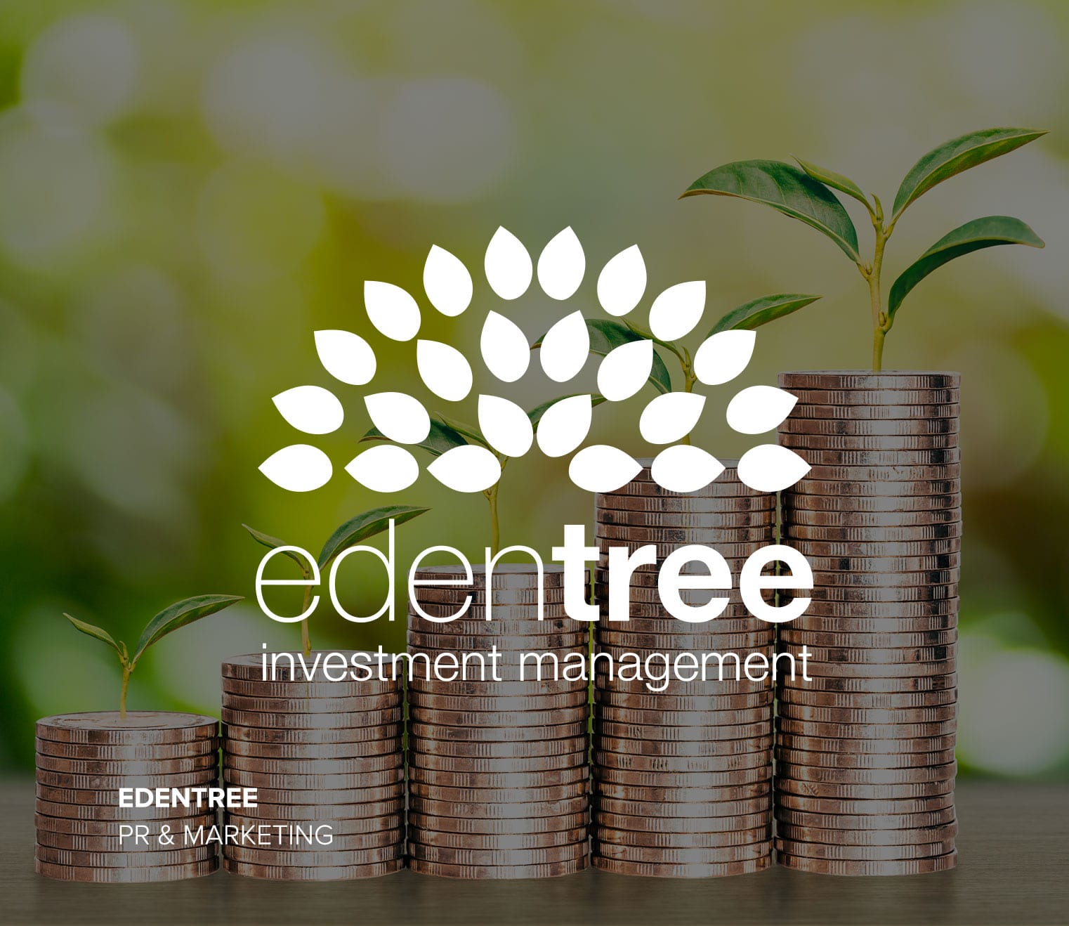 The EdenTree logo over a background image showing stacks of coins on a table with sprouts growing out of the top of them.