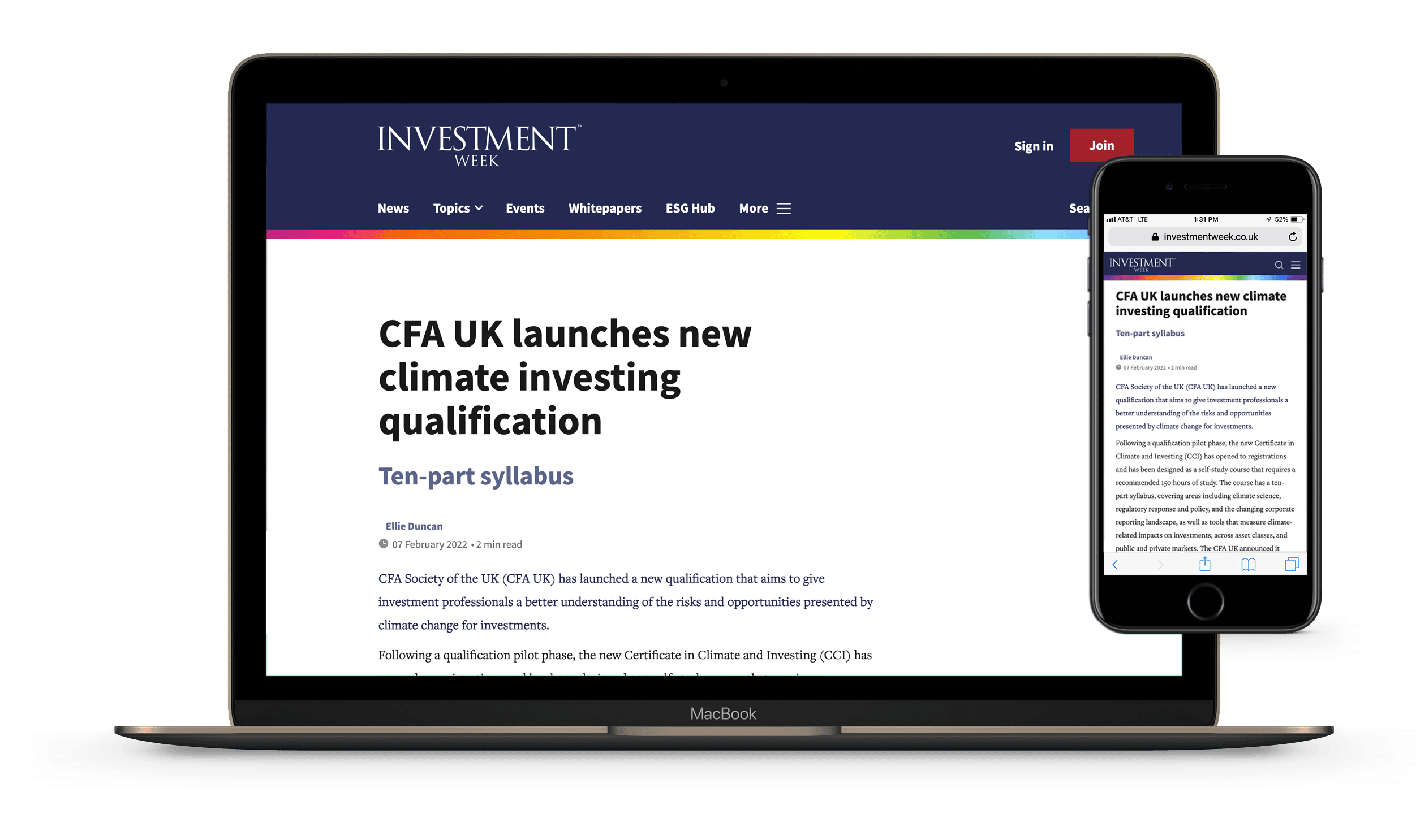 A website mockup of the CFA UK launch of the climate investing qualification, shown on a MacBook and mobile device.
