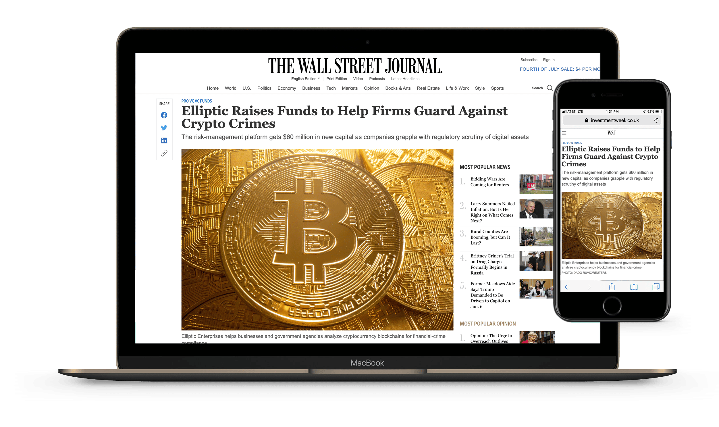 Mockups on a MacBook and mobile device, showing Elliptic, featured in The Wall Street Journal on Oct. 11, 2021.