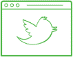 A graphic line drawing in grass green showing a browser window with a bird-like social media icon.