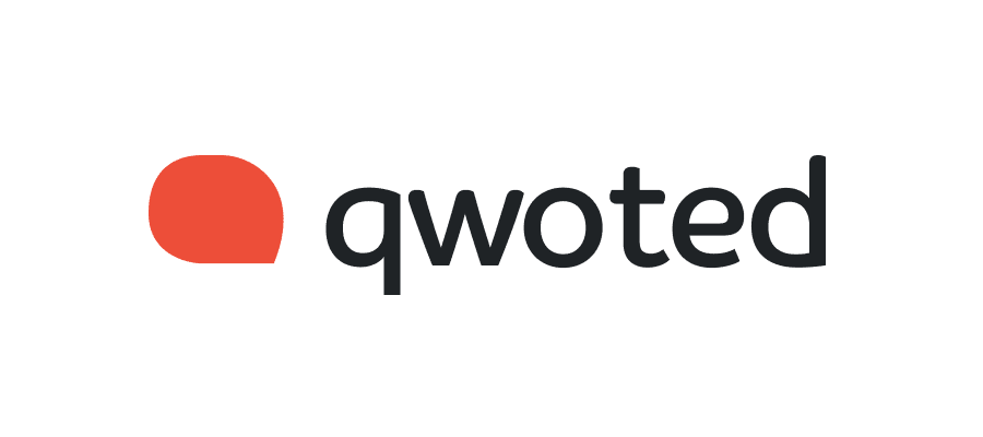 Logo for Qwoted in black text with a word bubble shape in red.