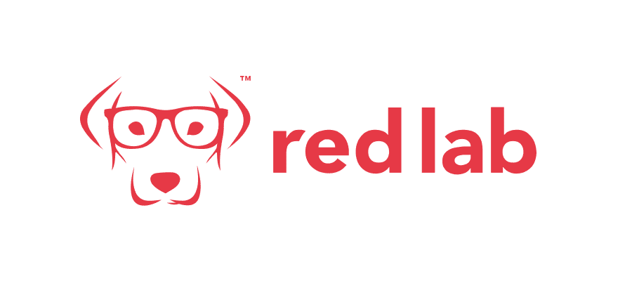 Logo for Red Lab with the glasses wearing dog icon and text in red.