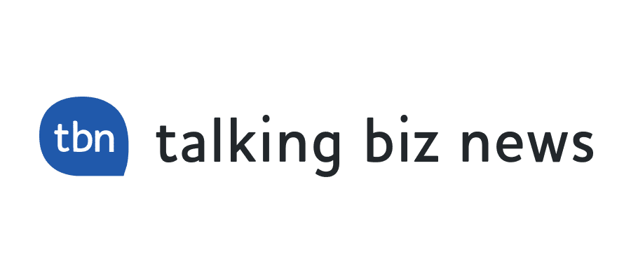 Logo for the Talking Biz News with black text and a blue bubble shape with the white letters “tan” inside of it.