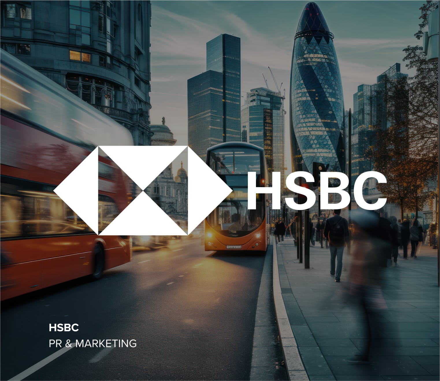 HSBC logo in white over a color image of a city street with buses, pedestrians, and skyscrapers.