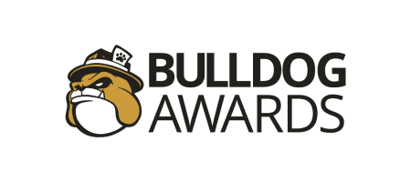 Logo for the Bulldog Awards, showing a bulldog in tan, black and white, with black text.