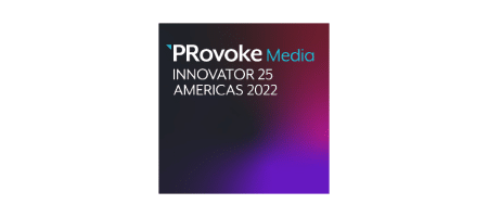 Logo for PRovoke Media Innovator 25 Americas 2022, with white and blue text .
