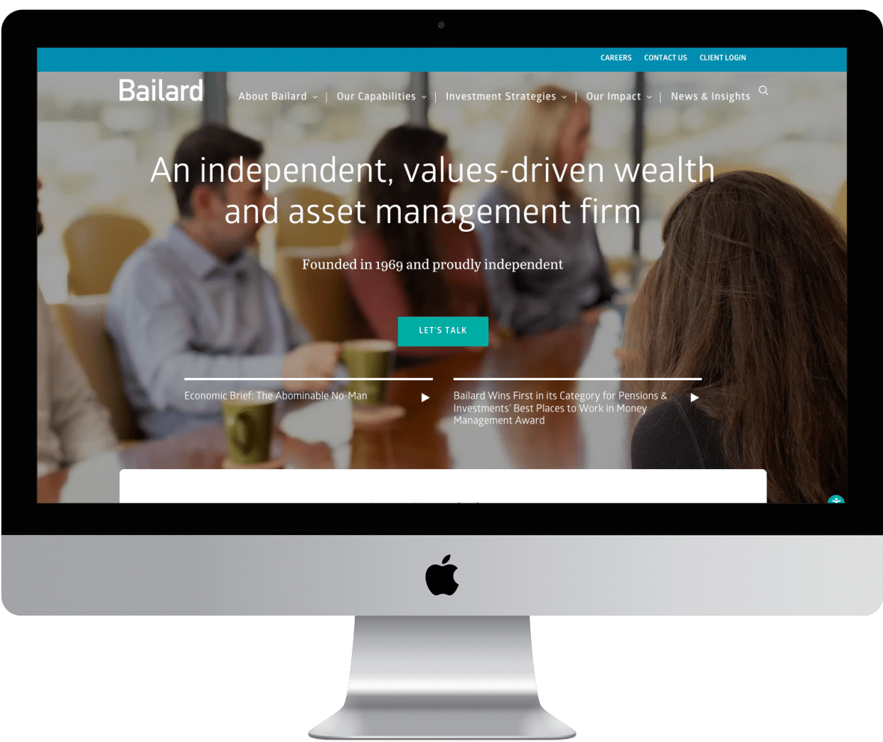 A mockup of the Bailard home page, shown on a Mac desktop computer.