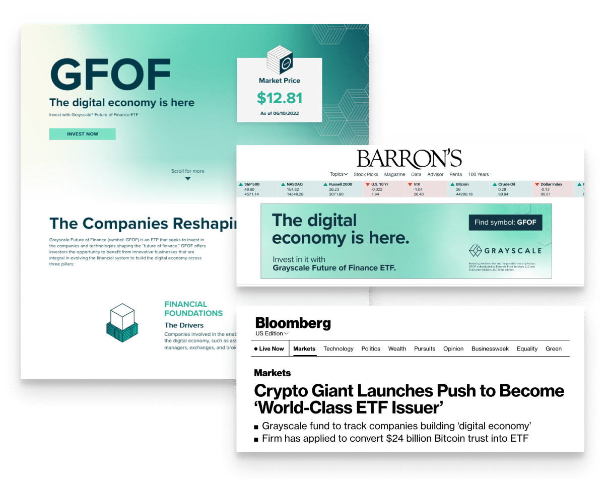Mockup of the Grayscale Future of Finance (GFOF) launch with ads across all major financial outlets.